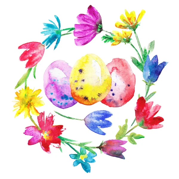 Aquarellblumenkranz Mit Ostereiern Und Wiesenblumen Zärtlichkeit Ostern Illustration — Stockfoto