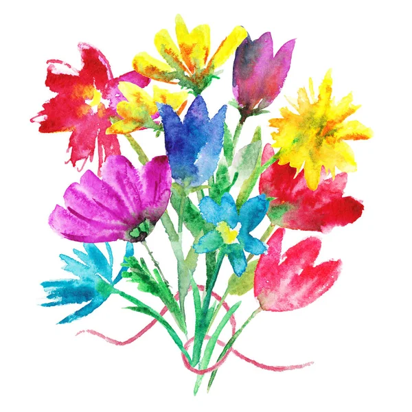 Aquarellstrauß Mit Farbigen Wiesenblumen Aquarell Frühling Oder Sommer Illustration — Stockfoto