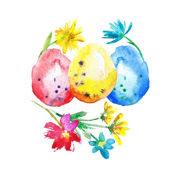 Aquarellblumen Mit Ostereiern Und Wiesenblumen Zärtlichkeit Ostern Illustration — Stockfoto