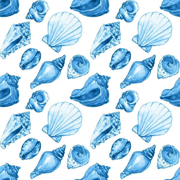 海贝壳的水色无缝图案 手绘插图 水色贝壳图案 用于设计横幅 印刷品 明信片 纺织品 — 图库照片#