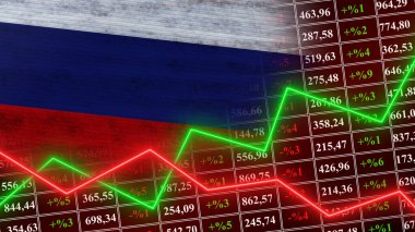 Rusya Bayrağı, Finans, Finansal Çizelge, Borsa, Borsa Grafiği, Borsa Endeksi, Büyüyen Ekonomi, 3D İllüstrasyon