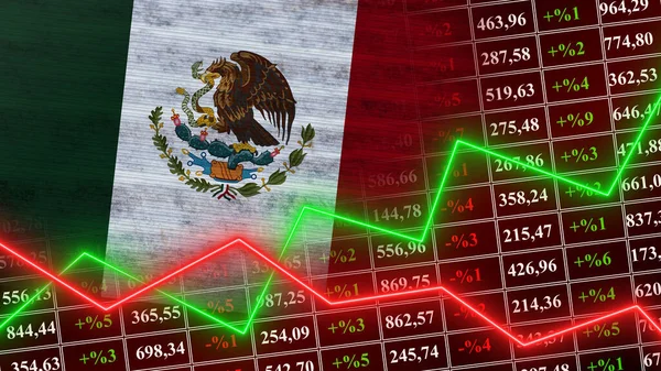 Mexico Flag, Finans, Finansal Çizelge, Borsa, Borsa Grafiği, Borsa Endeksi, Büyüyen Ekonomi, 3D İllüstrasyon