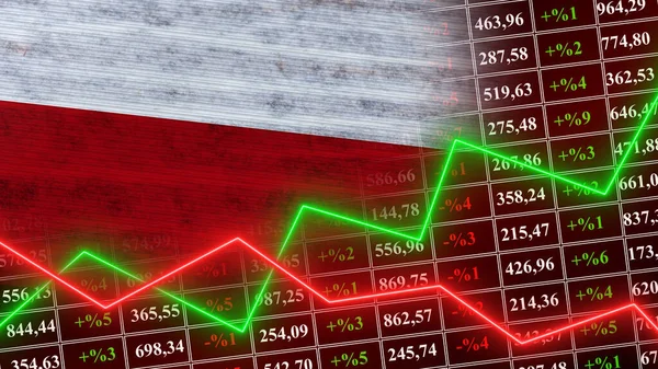 Polonya Bayrağı, Finans, Finansal Çizelge, Borsa, Borsa Grafiği, Borsa Endeksi, Büyüyen Ekonomi, 3D İllüstrasyon