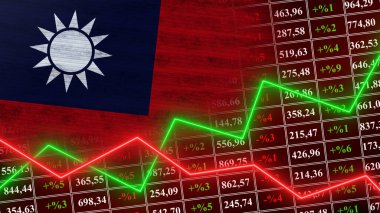 Tayvan Bayrağı, Finans, Finansal Çizelge, Borsa, Borsa Grafiği, Borsa Endeksi, Büyüyen Ekonomi, 3D İllüstrasyon
