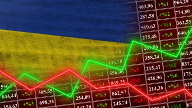 Ukrayna Bayrağı, Finans, Finansal Çizelge, Borsa, Borsa Grafiği, Borsa Endeksi, Büyüyen Ekonomi, 3D İllüstrasyon