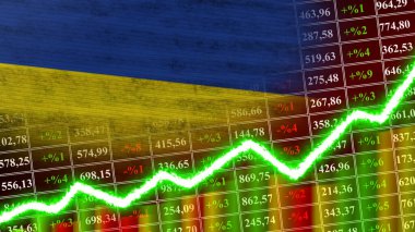 Ukrayna Bayrağı, Finans Çizelgesi, Borsa, Borsa Grafiği, Borsa İndeksi, Ekonomik Büyüme Sözleşmesi, 3D İllüstrasyon