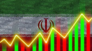 Iran Flag, Finansal Çizelge, Finans Grafiği, Borsa, Borsa Grafiği, Borsa İndeksi, Ekonomik Büyüme, 3D İllüstrasyon