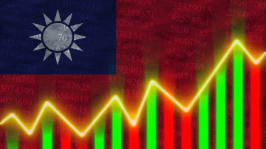 Tayvan Bayrağı, Finansal Çizelge, Finans Grafiği, Borsa, Borsa Grafiği, Borsa İndeksi, Ekonomik Büyüme, 3D İllüstrasyon