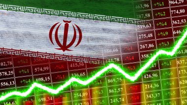 Iran Flag, Finansal Çizelge, Finans Grafiği, Borsa, Borsa Grafiği, Borsa İndeksi, Ekonomik Büyüme Sözleşmesi, 3D İllüstrasyon