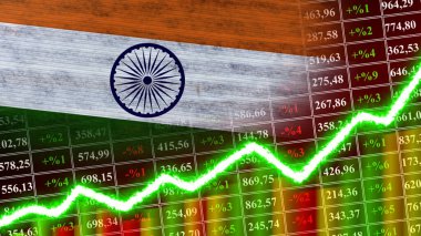 India Flag, Finansal Çizelge, Finans Grafiği, Borsa, Borsa Grafiği, Borsa İndeksi, Ekonomik Büyüme Sanatı, 3D İllüstrasyon