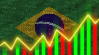Brezilya Bayrağı, Finansal Çizelge, Finans Grafiği, Borsa, Borsa Grafiği, Borsa İndeksi, Ekonomik Büyüme, 3D İllüstrasyon