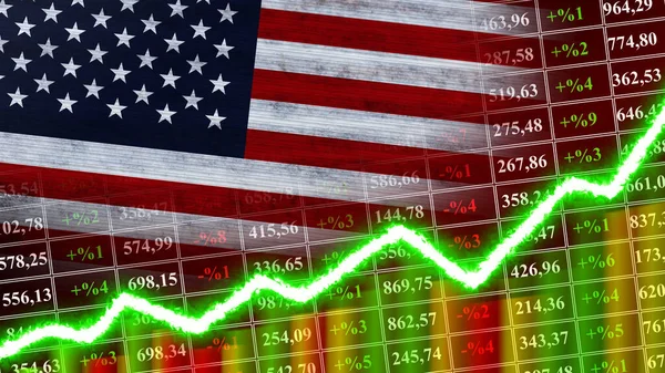 Amerika Birleşik Devletleri Bayrağı, Finansal Tablo, Finans Grafiği, Borsa, Borsa Grafiği, Borsa Endeksi, Ekonomik Büyüme Sözleşmesi, 3D İllüstrasyon