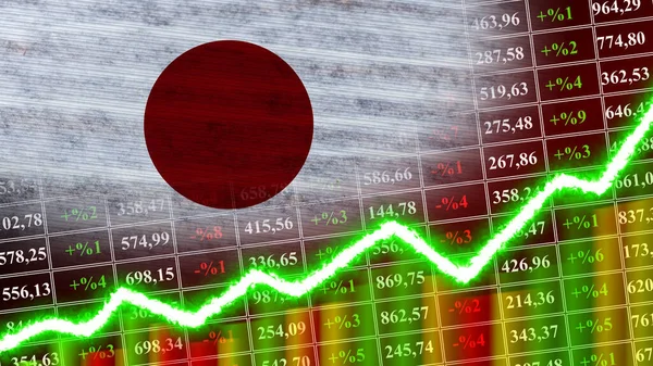 Japan Flag, Finansal Çizelge, Finans Grafiği, Borsa, Borsa Grafiği, Borsa İndeksi, Ekonomik Büyüme Sanatı, 3D İllüstrasyon