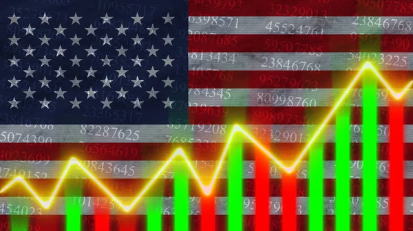 アメリカ国旗 財務チャート 財務グラフ 株式市場 証券取引所グラフ 株式指数 経済成長 3Dイラスト — ストック写真