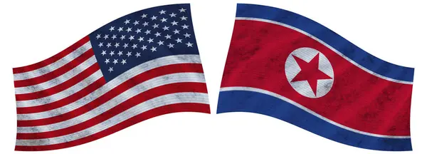 North Korea Usa United State America Wavy Fabric Flag Illustration — 图库照片