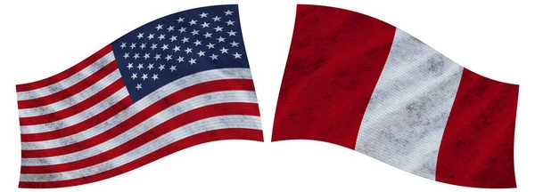 Peru Usa United State America Wavy Fabric Flag Illustration — Stock Photo, Image