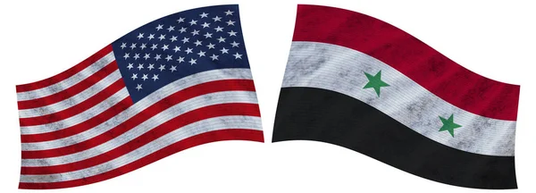 シリアとアメリカ Wavy Fabric Flag 3Dイラスト — ストック写真