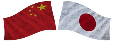 Japonya ve Çin Dalgalı Kumaş Bayrağı 3D Görüntü