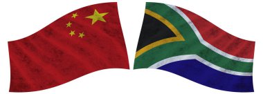 Güney Afrika ve Çin Dalgalı Kumaş Bayrağı 3D Görüntü