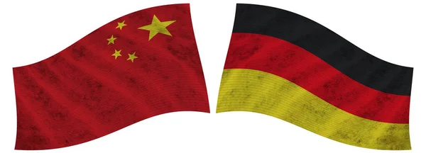 Jerman Dan China Wavy Fabric Flag Illustration — Stok Foto