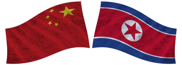 North Korea China Wavy Fabric Flag Illustration — 图库照片