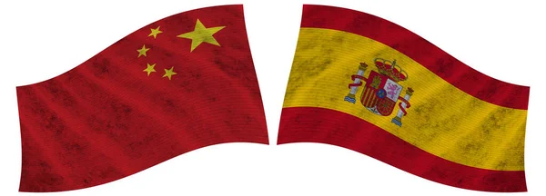 西班牙与中国波威面料国旗3D画图 — 图库照片
