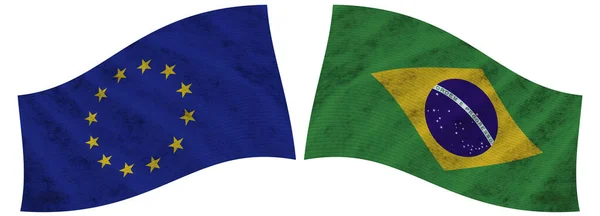 Brasilien Und Die Europäische Union Wellenförmige Gewebefahnen Illustration — Stockfoto