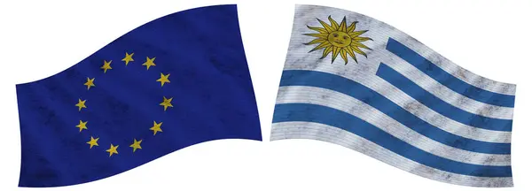 Ουρουγουάη Και Ευρωπαϊκή Ένωση Κυματιστή Υφασμάτινη Σημαία Εικονογράφηση — Φωτογραφία Αρχείου