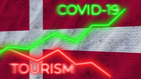 Flaga Danii Covid Turystyka Koronawirusowa Neon Tytuły Ilustracja — Zdjęcie stockowe