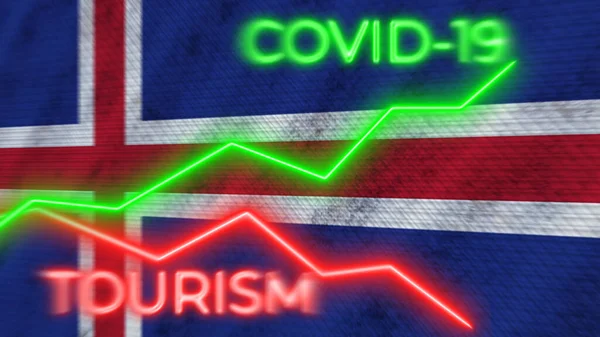 Islandia Flaga Covid Turystyka Koronawirusowa Neon Tytuły Ilustracja — Zdjęcie stockowe
