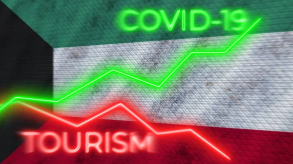 Flaga Kuwejtu Covid Turystyka Koronawirusowa Neon Tytuły Ilustracja — Zdjęcie stockowe