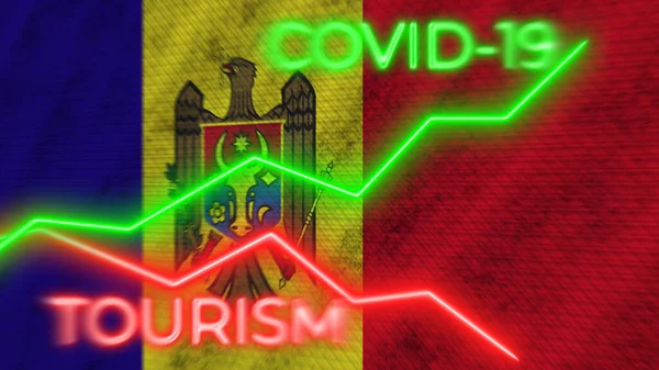 Flaga Mołdawii Covid Turystyka Koronawirusowa Neon Tytuły Ilustracja — Zdjęcie stockowe