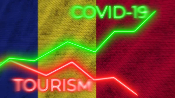 Romania Flag Covid Coronavirus Tourism Neon Titles Illustration — Stock Photo, Image