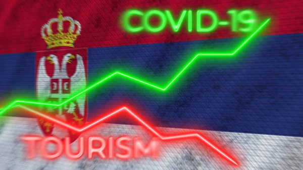 Flaga Serbii Covid Turystyka Koronawirusowa Neon Tytuły Ilustracja — Zdjęcie stockowe