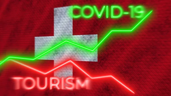 Swiss Flag Covid Coronavirus Tourism Neon Titles Illustration — стокове фото