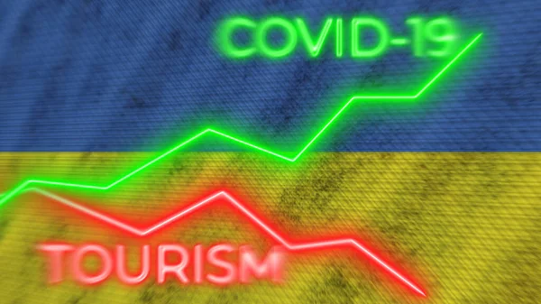 Ukraine Flag Covid Coronavirus Tourism Neon Titles Illustration — Stock Photo, Image