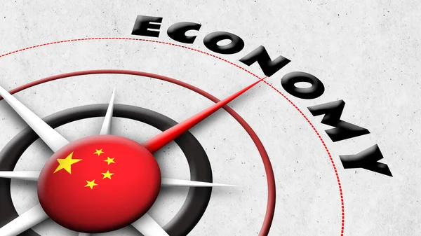 Çin Küre Küresi Bayrak ve Pusula Ekonomi Başlıkları - 3D İllüstrasyon — Stok fotoğraf