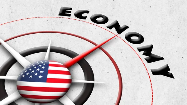 Amerika Birleşik Devletleri Küre Küresi Bayrak ve Pusula Ekonomi Başlıkları - 3D Görüntü — Stok fotoğraf
