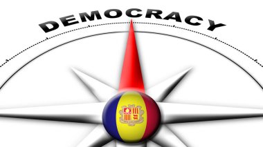 Andorra Küre Küresi Bayrak ve Pusula Demokrasi Başlıkları 3D Görüntü
