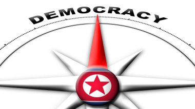 Kuzey Kore Küre Küresi Bayrak ve Pusula Demokrasi Başlıkları 3D İllüstrasyon