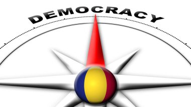 Romanya Küre Küresi Bayrak ve Pusula Demokrasi Başlıkları 3D Görüntü