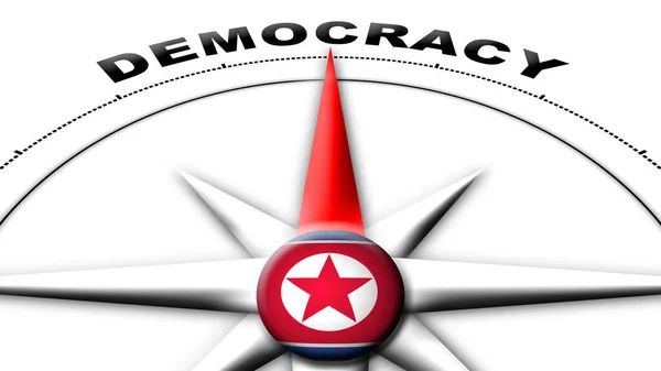 朝鲜环球球旗与指南针概念民主标题3D图解 — 图库照片