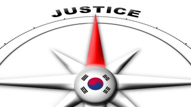 Güney Kore Küre Küresi Bayrak ve Pusula Adalet Başlıkları 3 boyutlu Görüntü