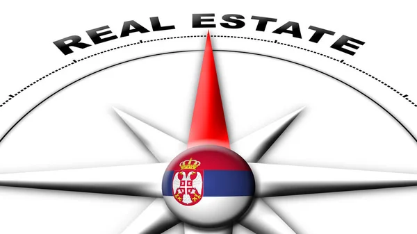 塞尔维亚环球球旗和指南针概念不动产所有权3D说明 — 图库照片