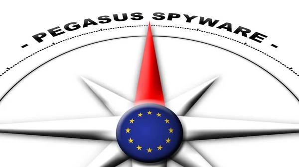 Avrupa Birliği Küre Küresi Bayrak ve Pusula Konsepti Pegasus Casus Yazılım Başlıkları 3B İllüstrasyon