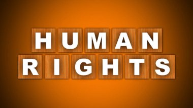 İnsan Hakları Başlığı - Kare Ahşap Kavram - Turuncu Arkaplan - 3D Görüntü