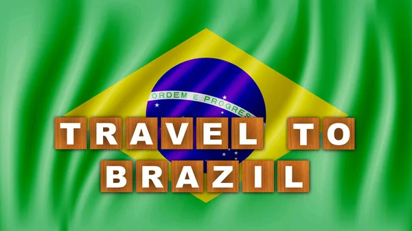 前往巴西的旅行文本标题 正方形木制概念 波浪旗背景 3D说明 — 图库照片