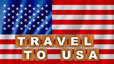 Usa Metin Başlığına Seyahat - Kare Tahta Kavram - Dalga Bayrağı Arkaplanı - 3B İllüstrasyon