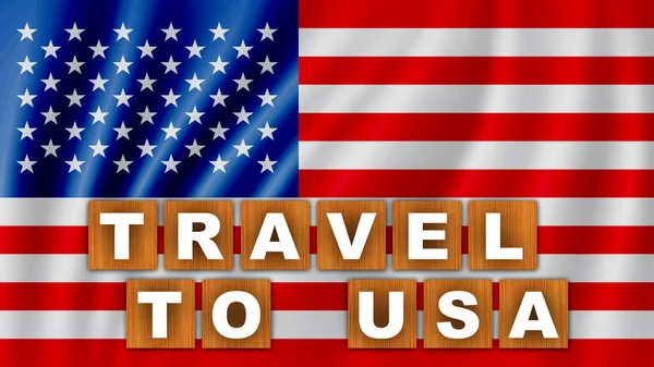 旅行到Usa文字标题 正方形木制概念 波浪旗背景 3D说明 — 图库照片