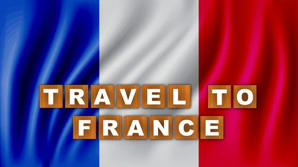 Travel France Texto Título Conceito Madeira Quadrada Bandeira Onda Fundo — Fotografia de Stock